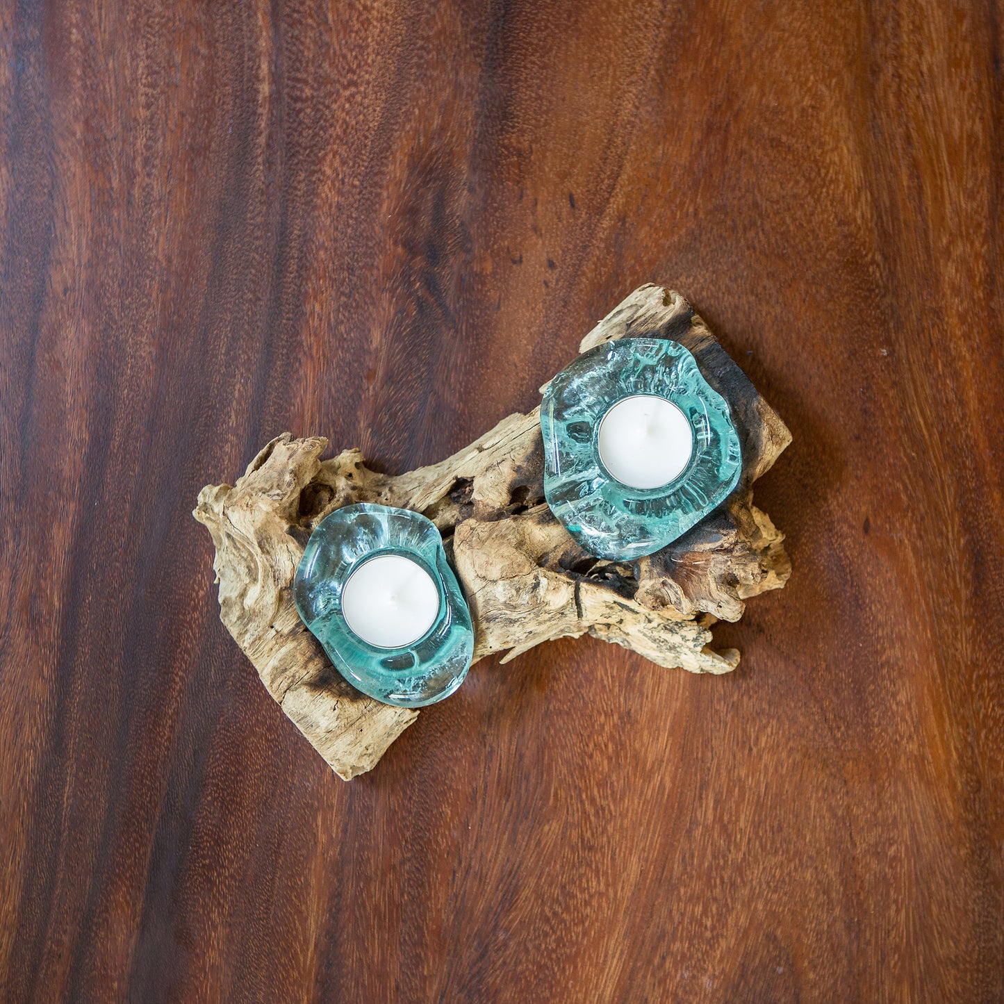 Recycled Glass Candle Holder with Coffee Tree Root - Double Set of 4 By Garden Age Supply