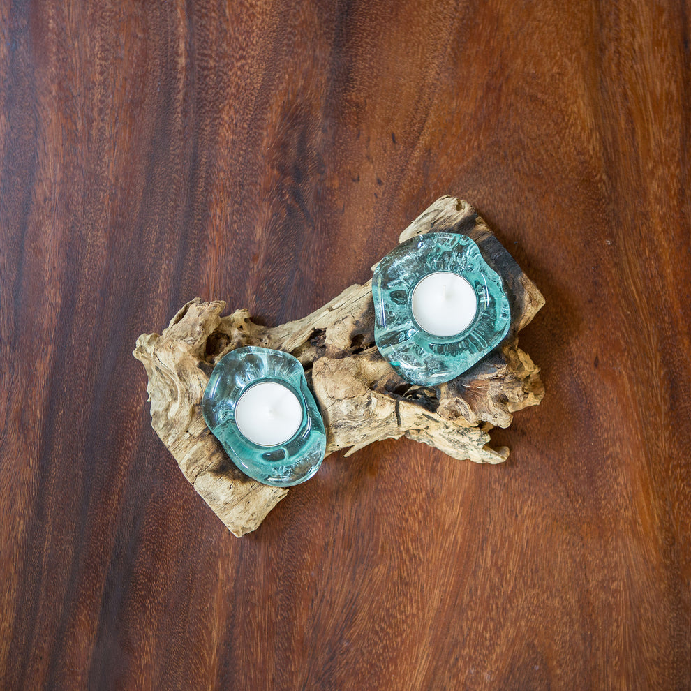 Recycled Glass Candle Holder with Coffee Tree Root - Double Set of 4 By Garden Age Supply | Candle Holders | Modishstore - 3