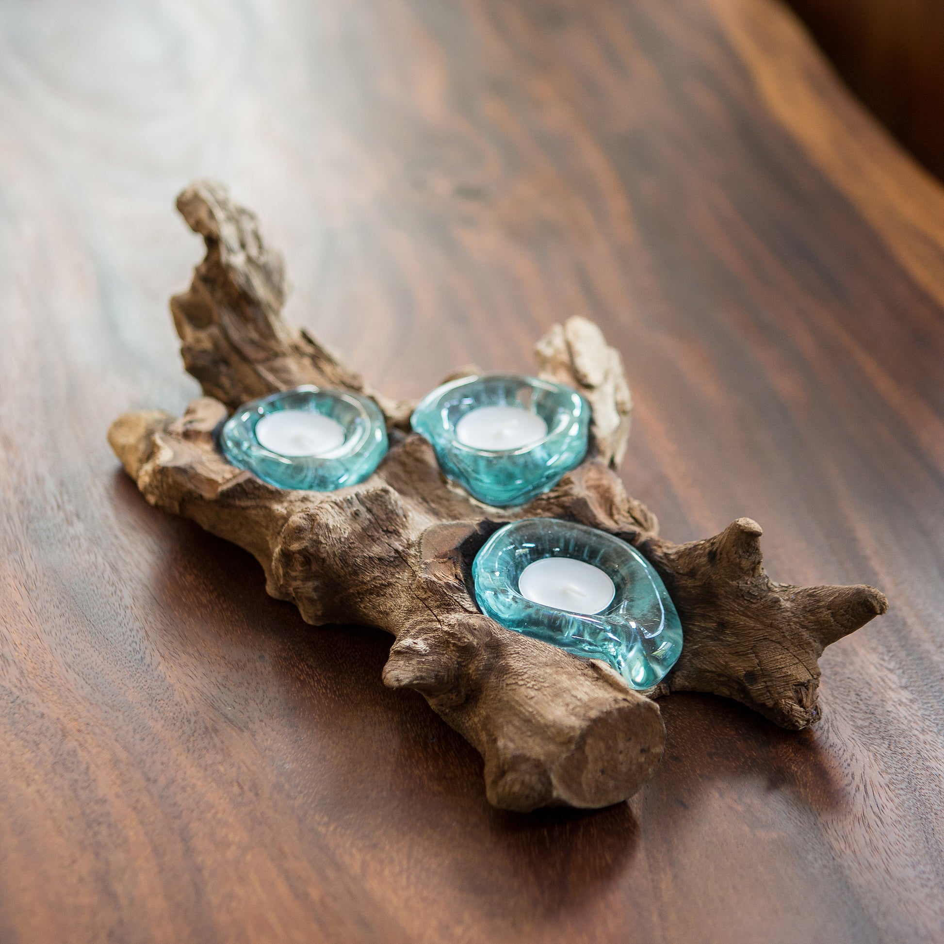 Recycled Glass Candle Holder with Coffee Tree Root - Triple Set of 4 By Garden Age Supply | Candle Holders | Modishstore - 1
