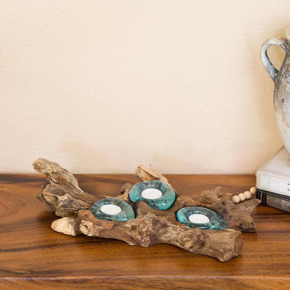 Recycled Glass Candle Holder with Coffee Tree Root - Triple Set of 4 By Garden Age Supply | Candle Holders | Modishstore - 2