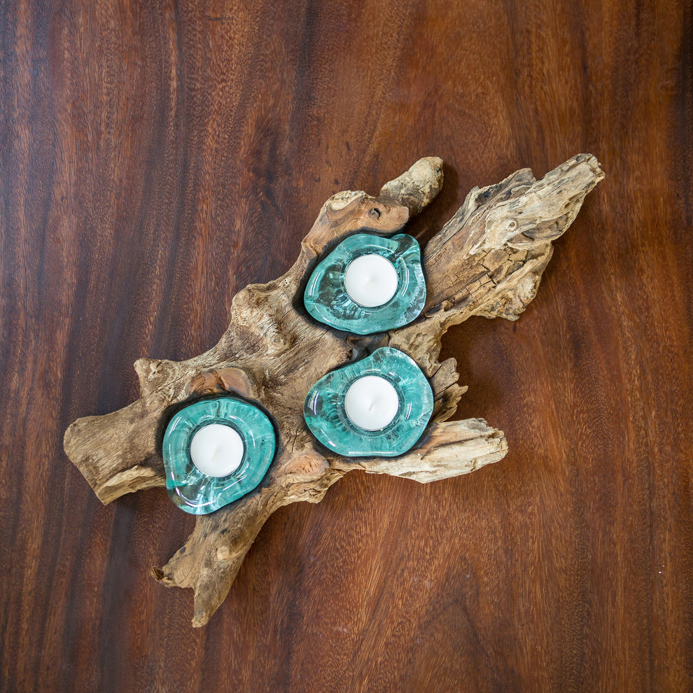 Recycled Glass Candle Holder with Coffee Tree Root - Triple Set of 4 By Garden Age Supply | Candle Holders | Modishstore - 3