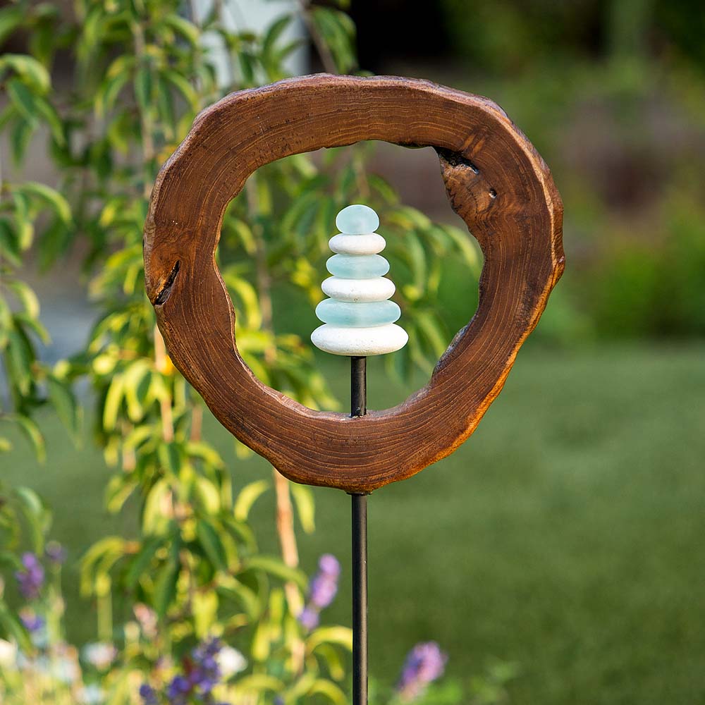 Teak Slab w/ Glass Cairn Garden Stake Set of 4 By Garden Age Supply | Sculptures | Modishstore - 1