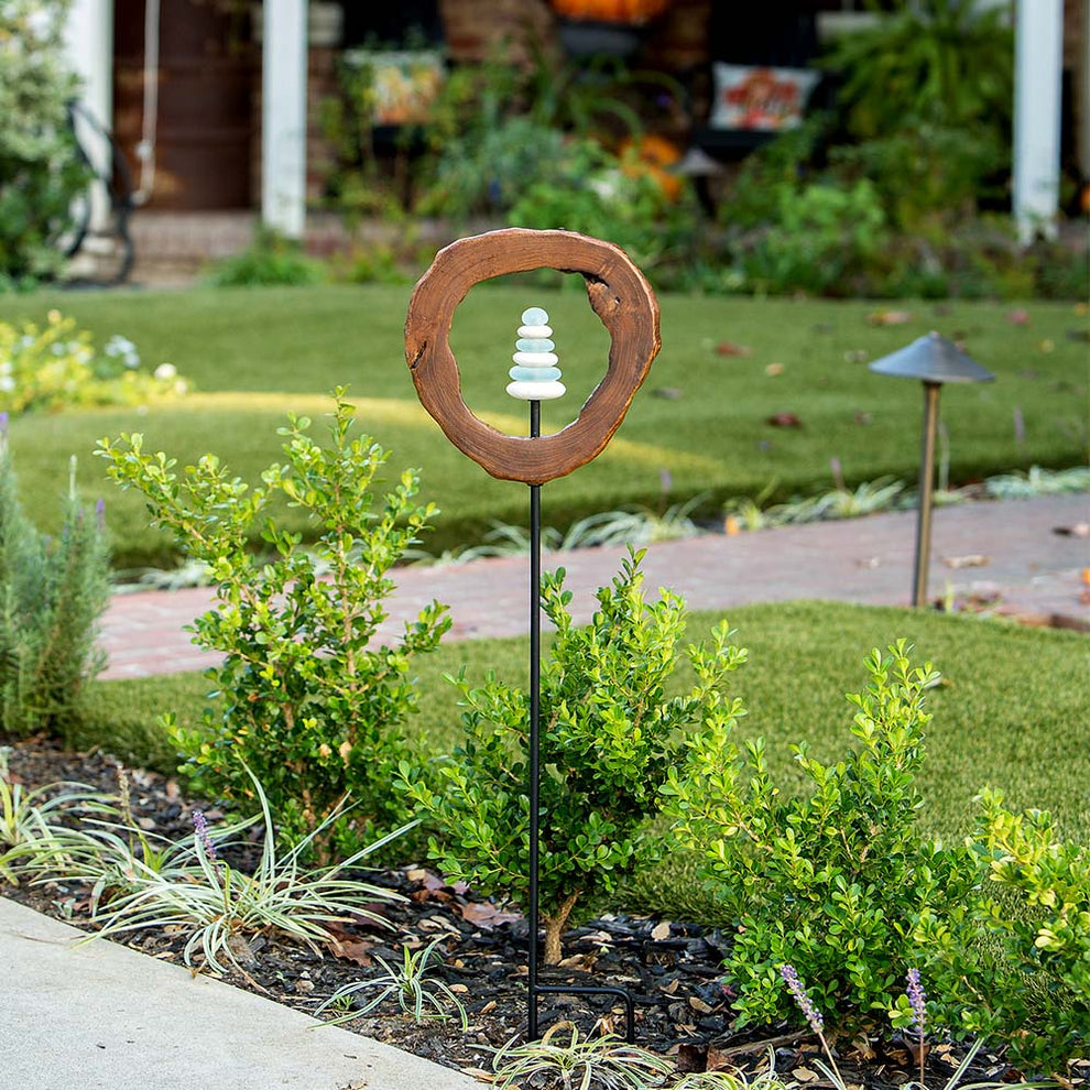 Teak Slab w/ Glass Cairn Garden Stake Set of 4 By Garden Age Supply | Sculptures | Modishstore - 2