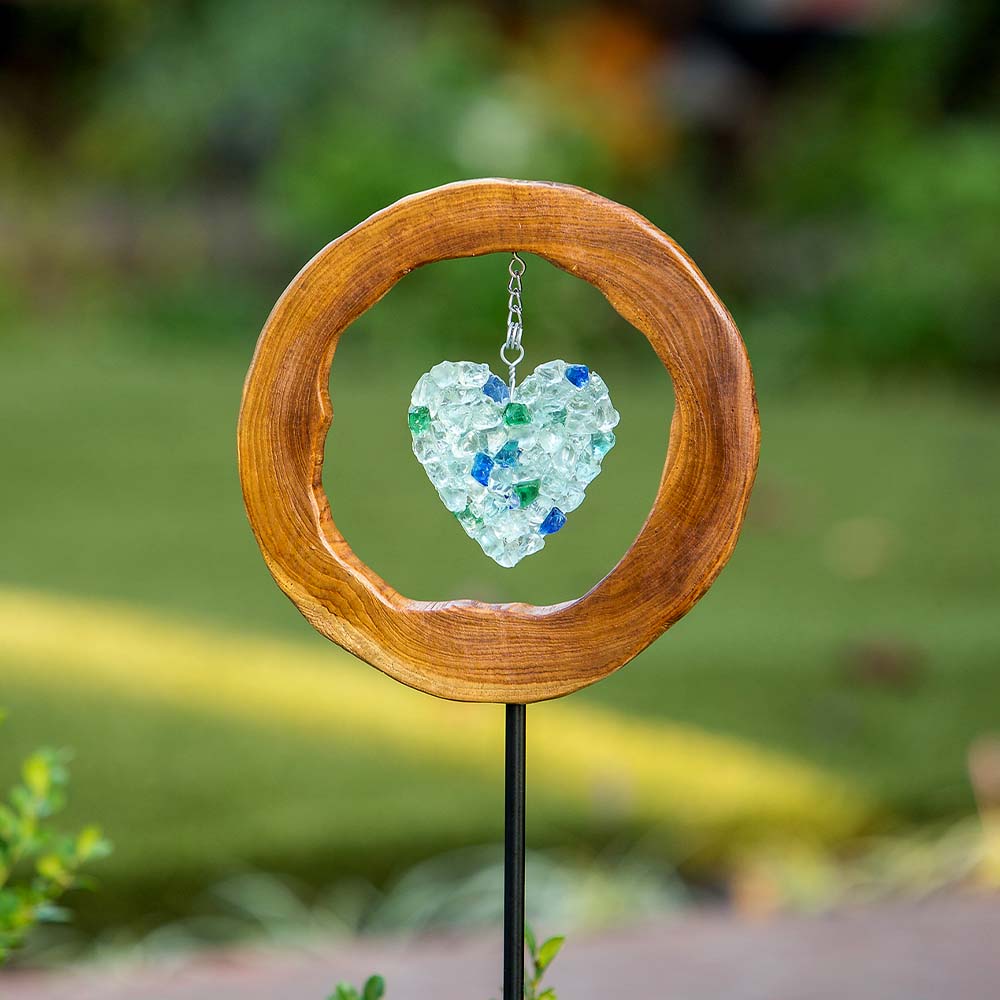 Teak Slab w/ Glass Heart Garden Stake Set of 4 By Garden Age Supply | Sculptures | Modishstore - 1