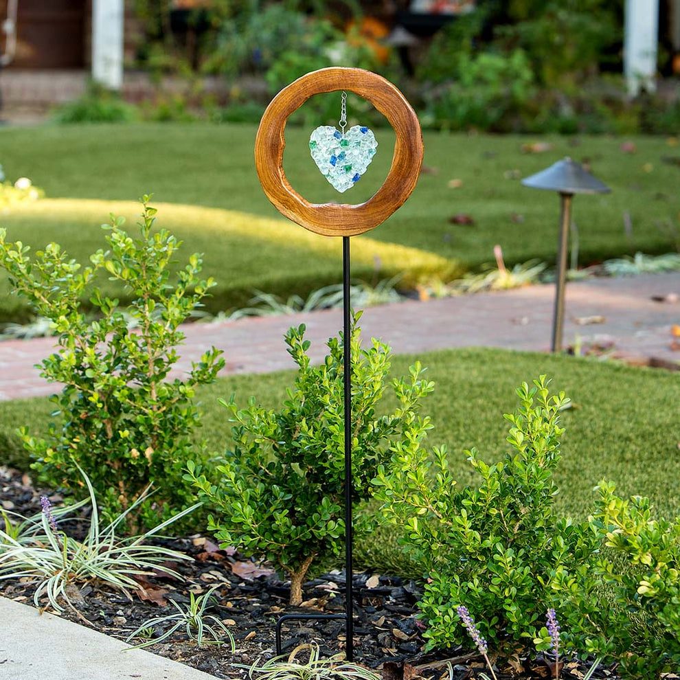 Teak Slab w/ Glass Heart Garden Stake Set of 4 By Garden Age Supply | Sculptures | Modishstore - 2