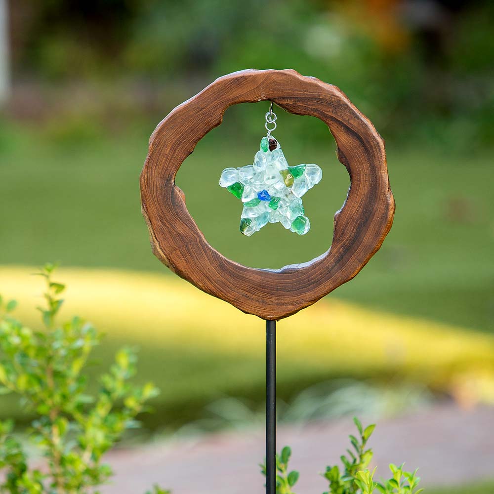 Teak Slab w/ Glass Star Garden Stake Set of 4 By Garden Age Supply | Sculptures | Modishstore - 1