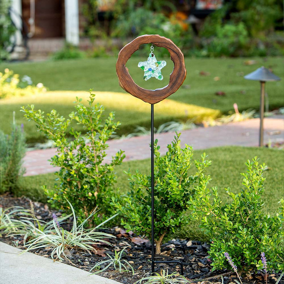 Teak Slab w/ Glass Star Garden Stake Set of 4 By Garden Age Supply | Sculptures | Modishstore - 2