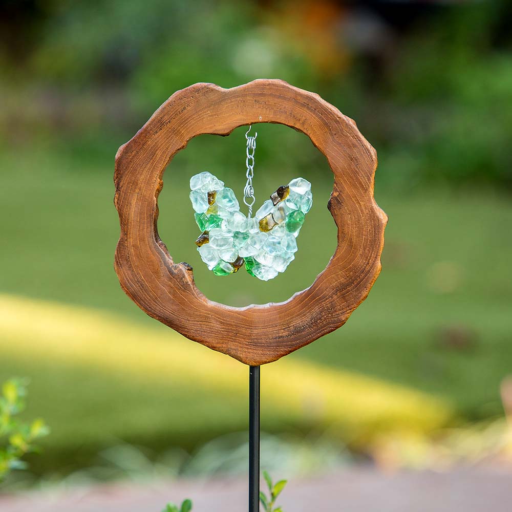 Teak Slab w/ Glass Butterfly Garden Stake Set of 4 By Garden Age Supply | Sculptures | Modishstore - 1