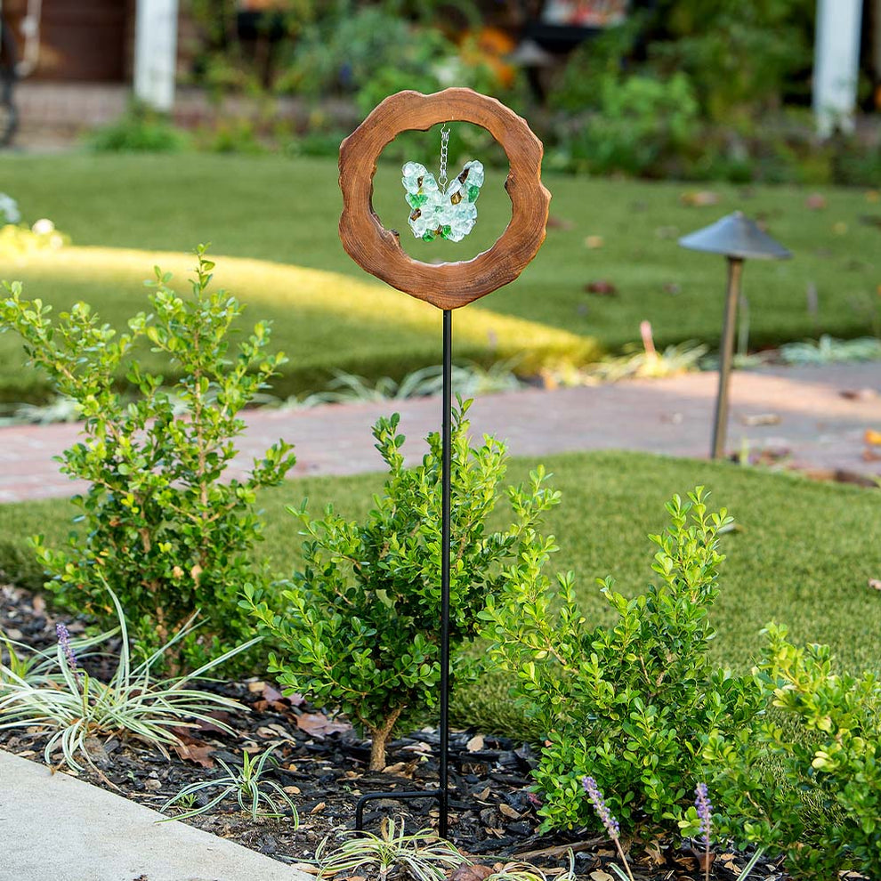 Teak Slab w/ Glass Butterfly Garden Stake Set of 4 By Garden Age Supply | Sculptures | Modishstore - 2