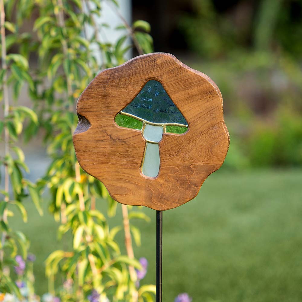 Teak Slab Stained Glass Mushroom Garden Stake Set of 4 By Garden Age Supply | Sculptures | Modishstore - 1