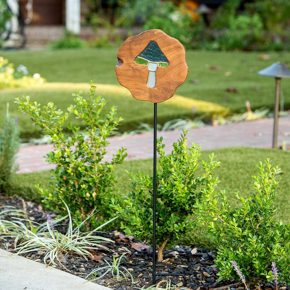 Teak Slab Stained Glass Mushroom Garden Stake Set of 4 By Garden Age Supply | Sculptures | Modishstore - 2