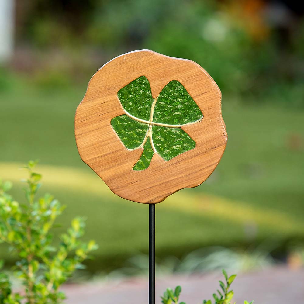 Teak Slab Stained Glass Clover Garden Stake Set of 4 By Garden Age Supply | Sculptures | Modishstore - 1
