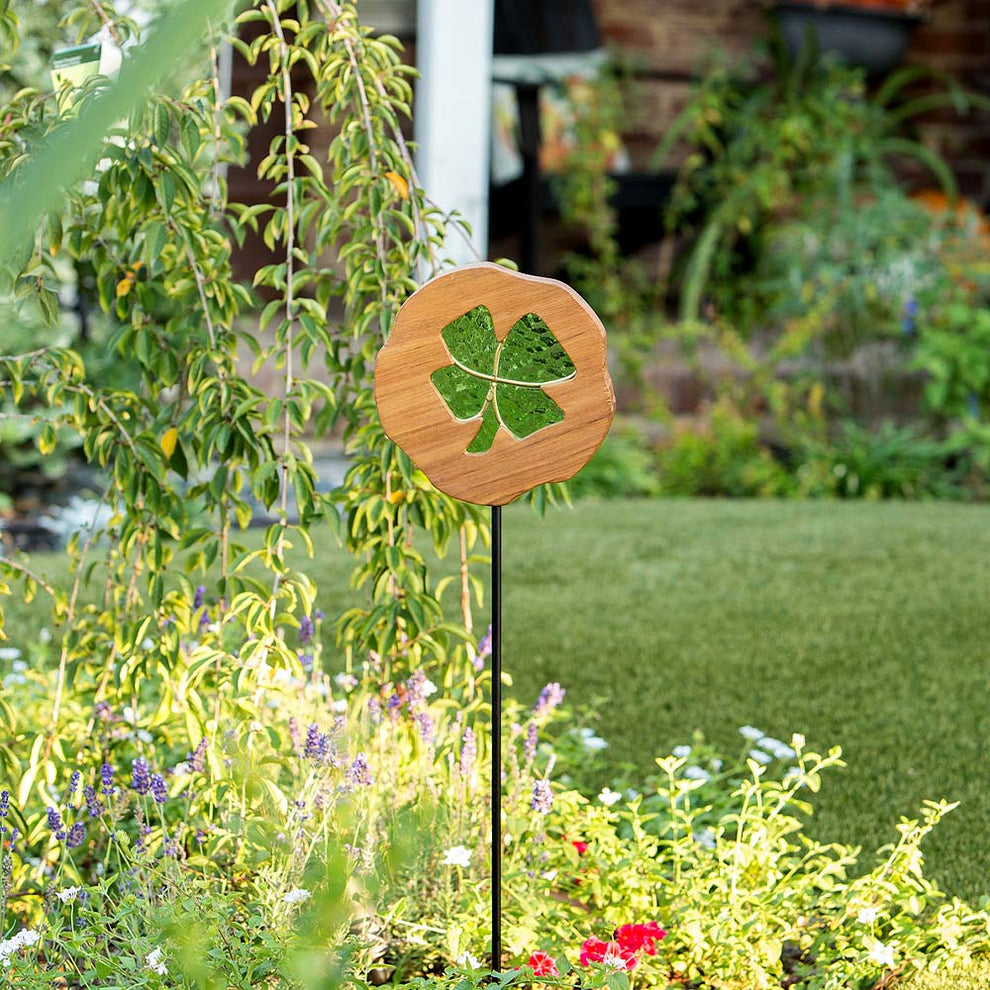 Teak Slab Stained Glass Clover Garden Stake Set of 4 By Garden Age Supply | Sculptures | Modishstore - 2