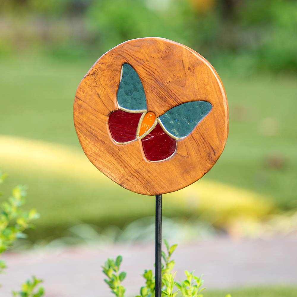 Teak Slab Stained Glass Butterfly Garden Stake Set of 4 By Garden Age Supply | Sculptures | Modishstore - 1