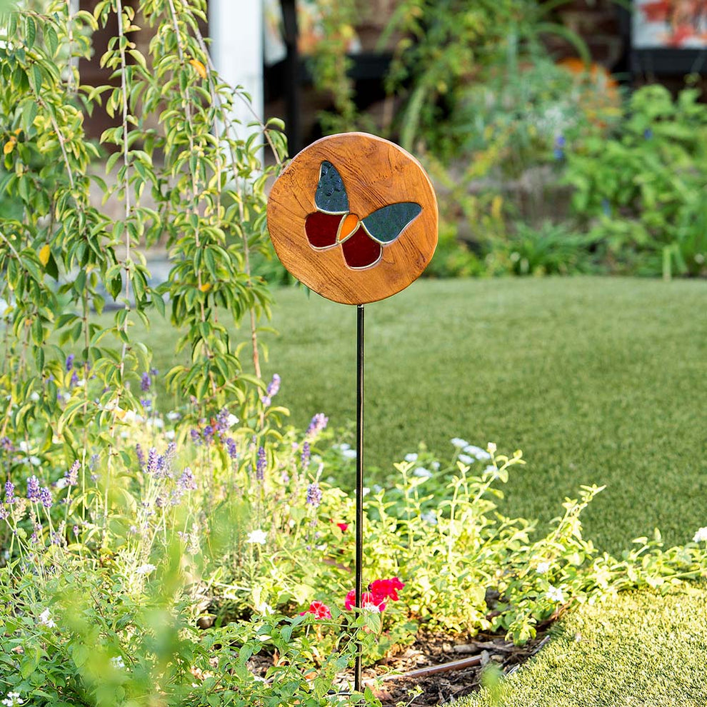 Teak Slab Stained Glass Butterfly Garden Stake Set of 4 By Garden Age Supply | Sculptures | Modishstore - 2