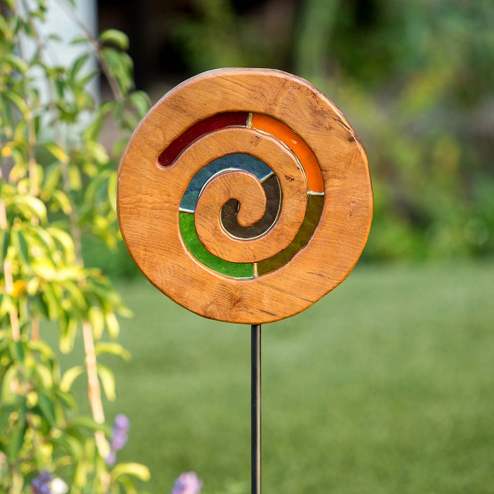 Teak Slab Stained Glass Spiral Garden Stake Set of 4 By Garden Age Supply | Sculptures | Modishstore - 1