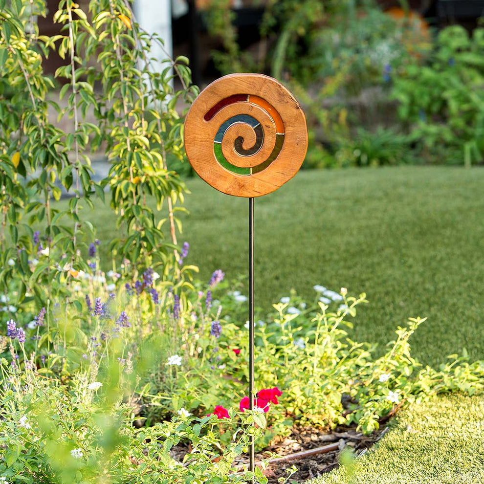 Teak Slab Stained Glass Spiral Garden Stake Set of 4 By Garden Age Supply | Sculptures | Modishstore - 2