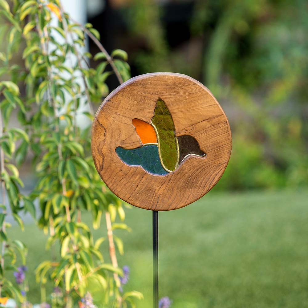 Teak Slab Stained Glass Bird Garden Stake Set of 4 By Garden Age Supply | Sculptures | Modishstore - 1