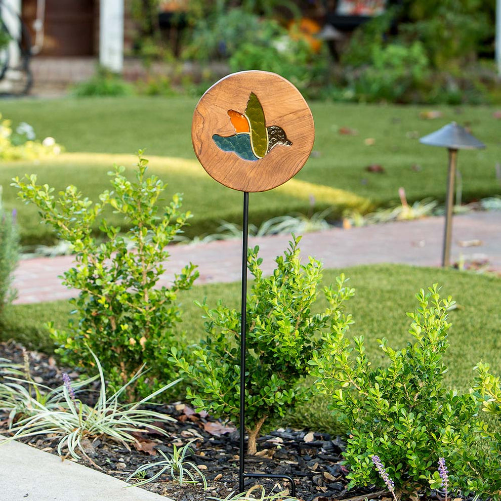 Teak Slab Stained Glass Bird Garden Stake Set of 4 By Garden Age Supply | Sculptures | Modishstore - 4