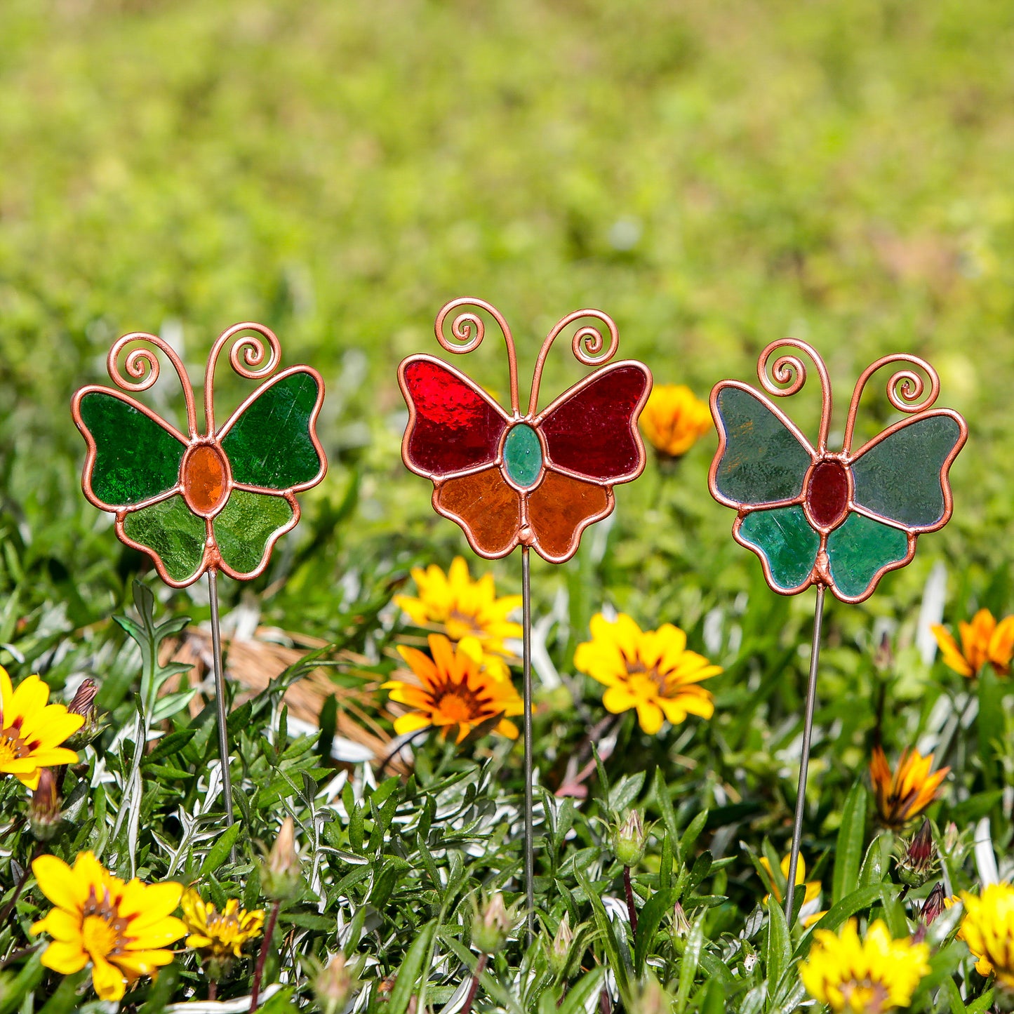 Stained Glass Pot Stakes - Butterfly 16"H Set of 3 Set of 2 By Garden Age Supply