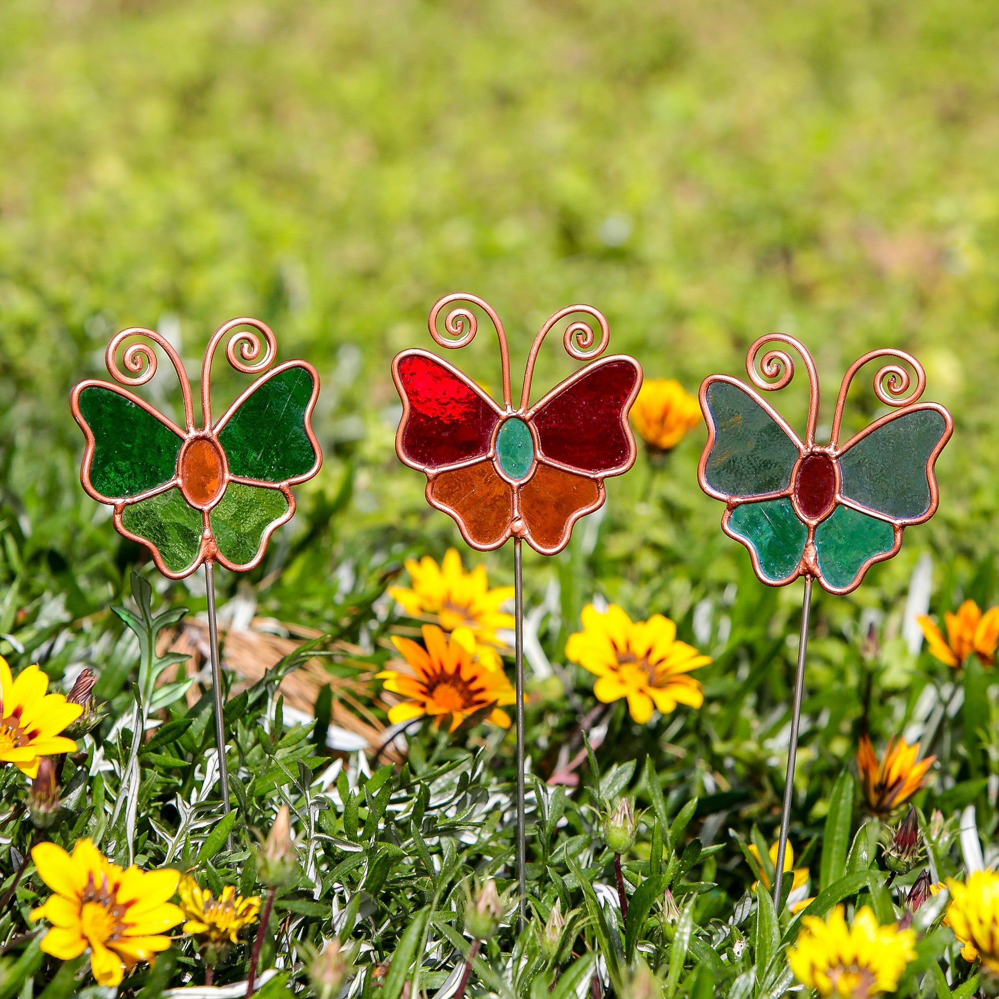 Stained Glass Pot Stakes - Butterfly 16"H Set of 3 Set of 2 By Garden Age Supply | Sculptures | Modishstore - 1