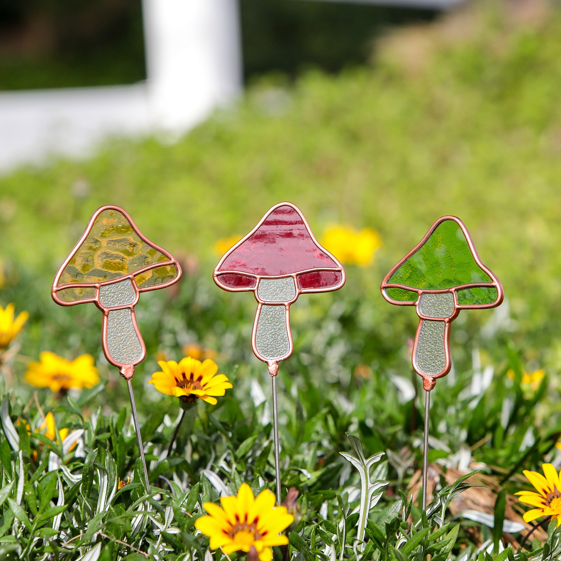 Stained Glass Pot Stakes - Mushroom 16"H Set of 3 Set of 2 By Garden Age Supply | Sculptures | Modishstore - 1