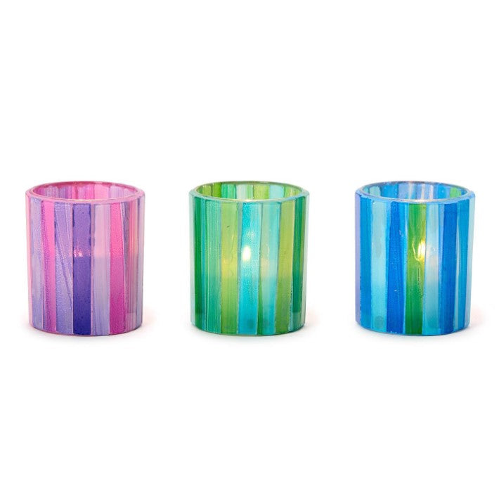 Mosaic Striations Set of 6 Tealight / Votive Candle Holders Includes 3 Colors: Blue, Green, Pink - Two's Company