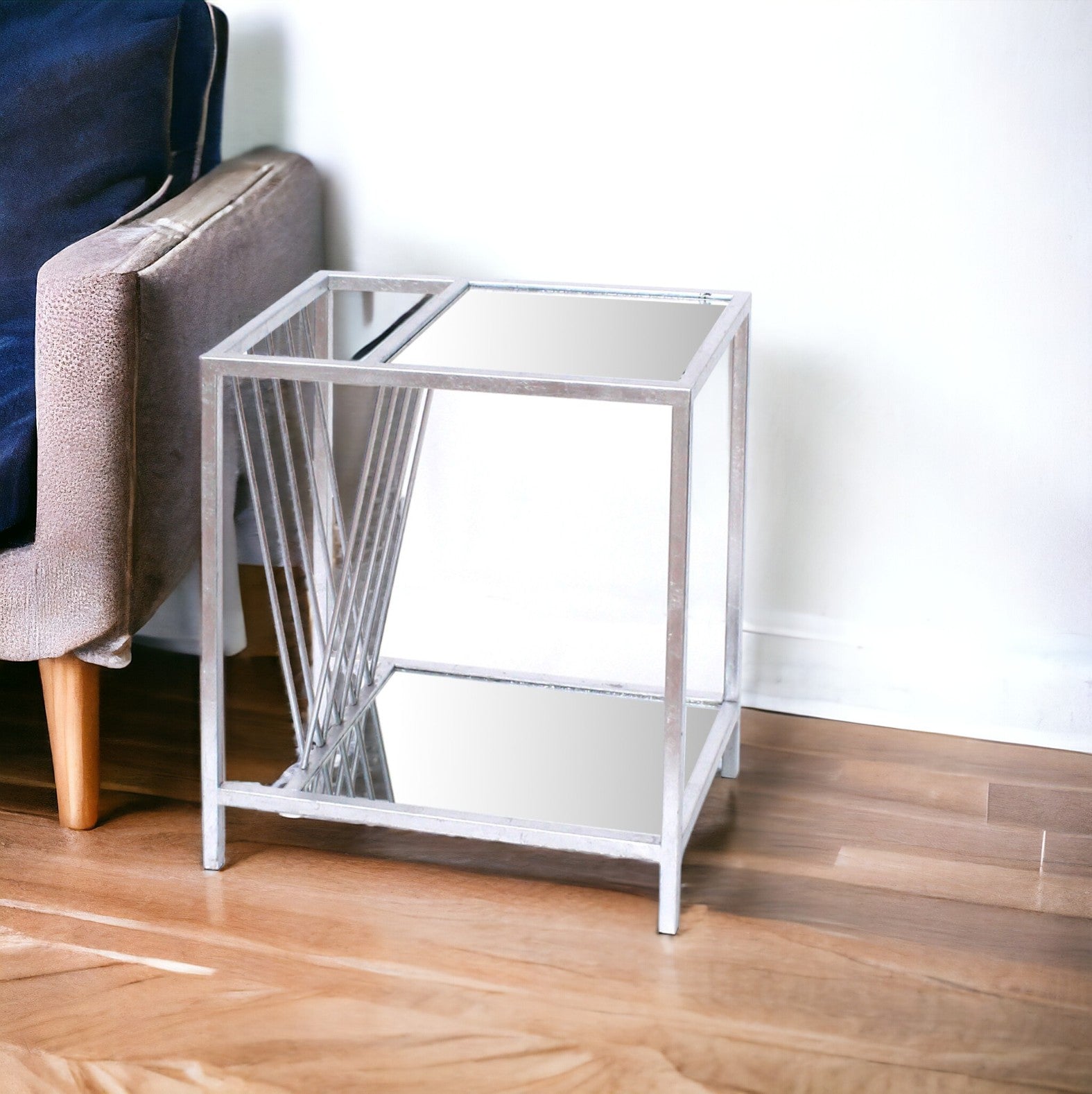 Silver Mirrored Glass And Iron End Table With Shelf By Homeroots | End Tables | Modishstore - 2