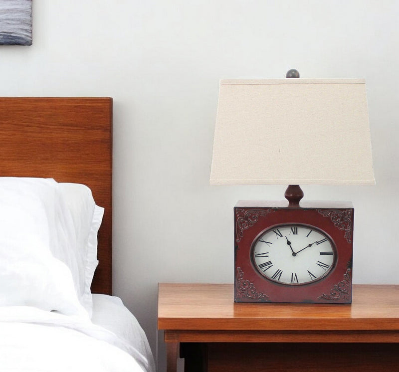 Distressed Red Metal Bedside Lamp With Beige Shade By Homeroots | Table Lamps | Modishstore - 1