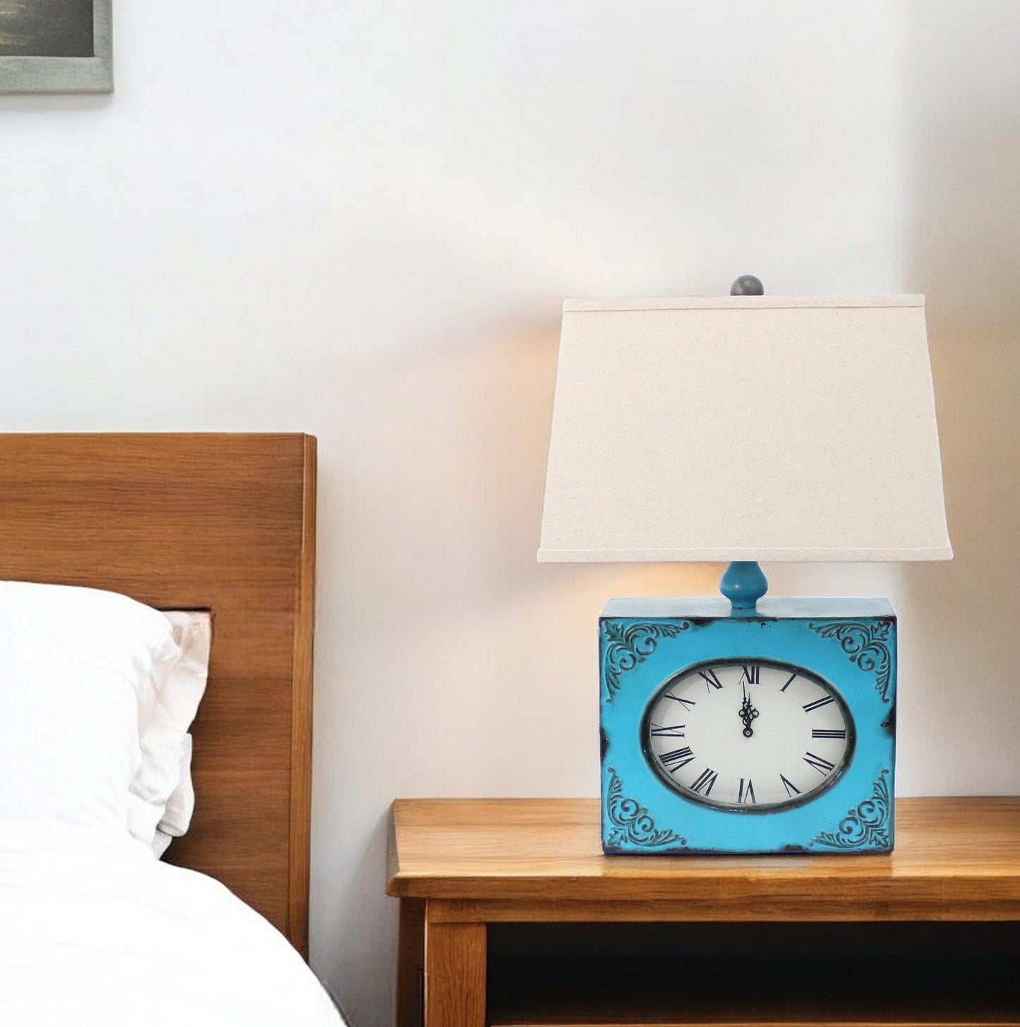 Distressed Blue Metal Bedside Lamp With Beige Shade By Homeroots | Table Lamps | Modishstore - 1