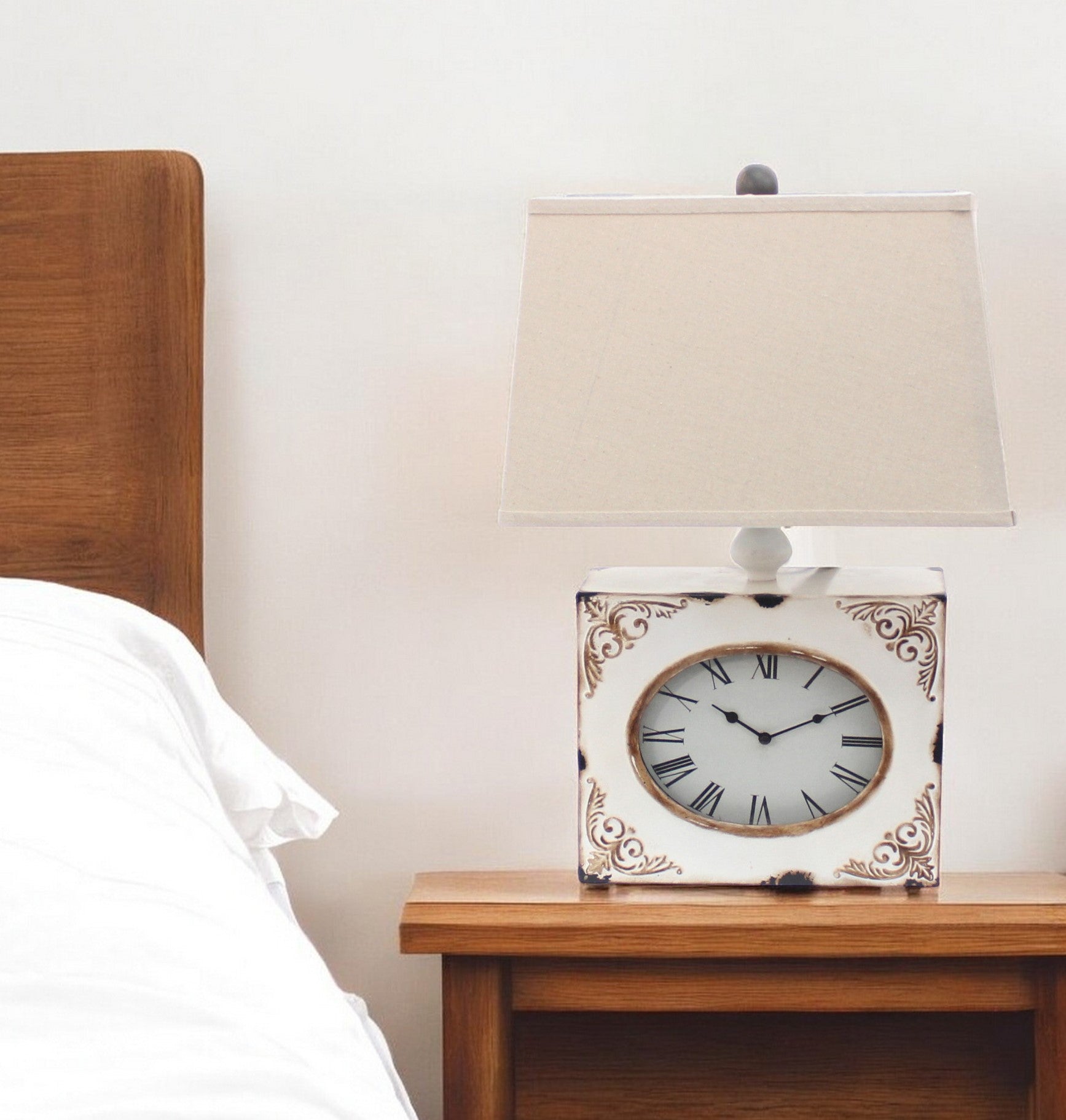 Distressed White Metal Bedside Lamp With Beige Shade By Homeroots | Table Lamps | Modishstore - 2