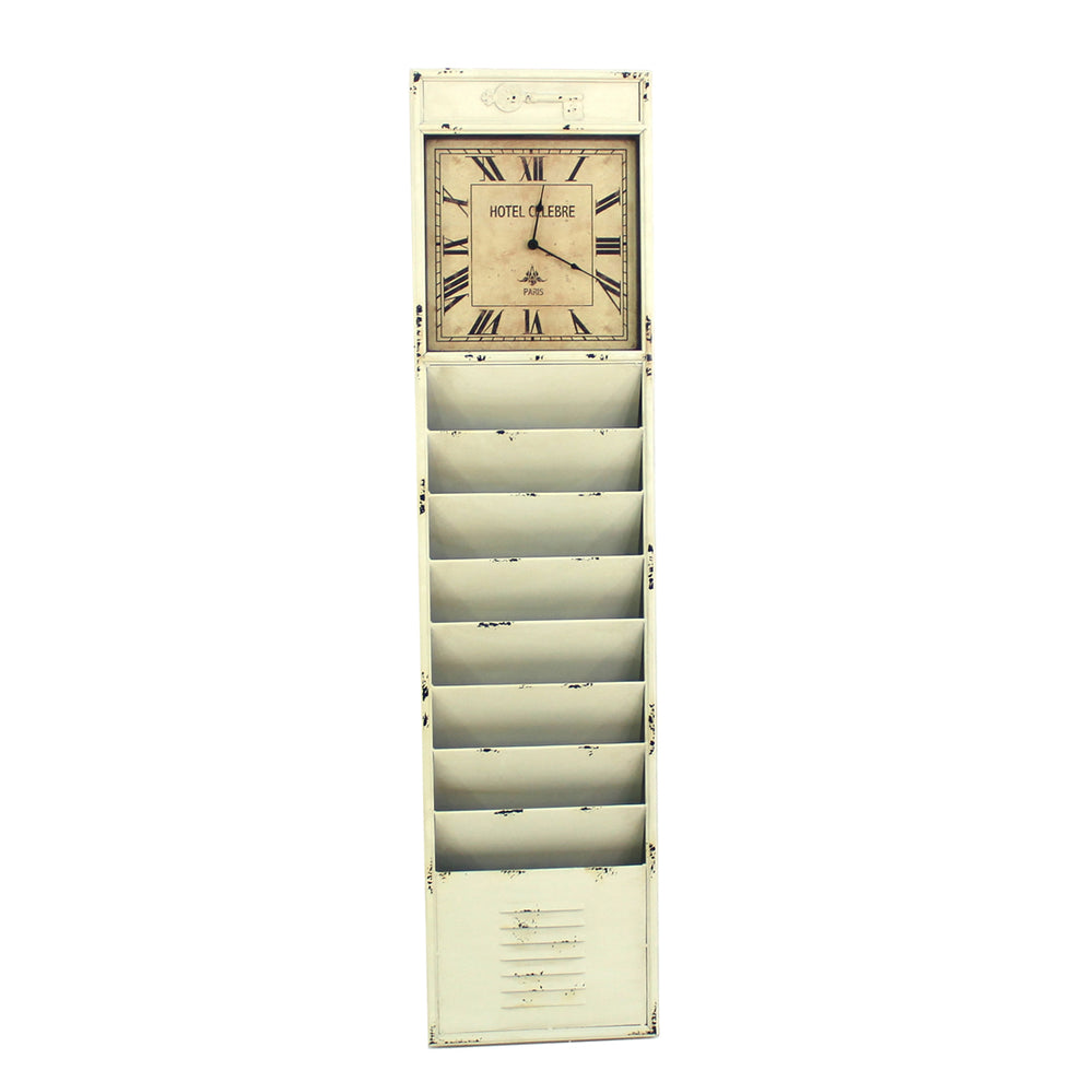 Off White Vintage Look Magazine Rack With Clock By Homeroots | Wall Decor | Modishstore - 6