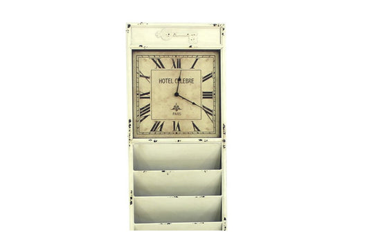 Off White Vintage Look Magazine Rack With Clock By Homeroots | Wall Decor | Modishstore - 1