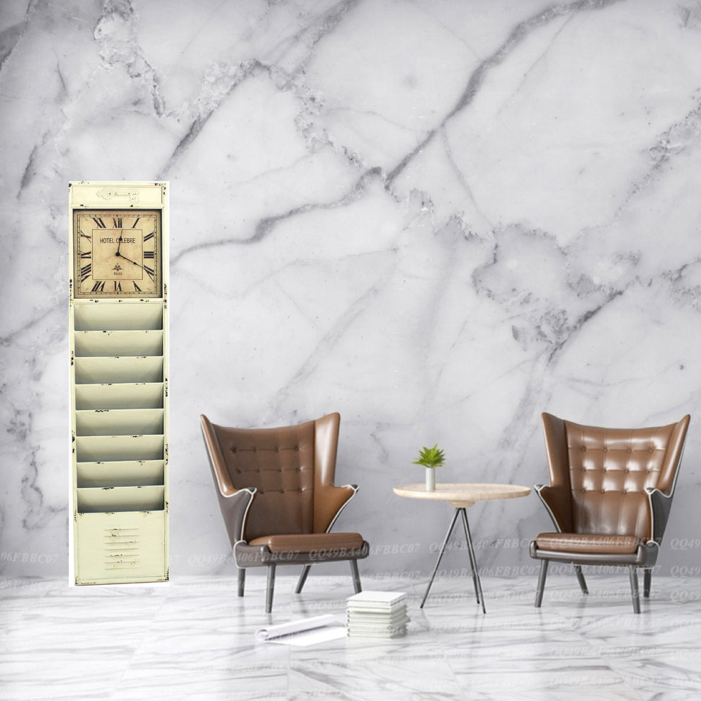Off White Vintage Look Magazine Rack With Clock By Homeroots | Wall Decor | Modishstore - 4