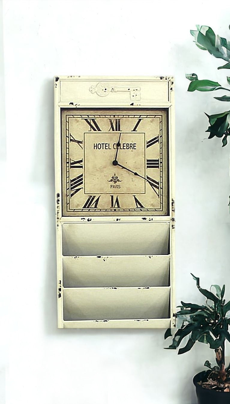 Off White Vintage Look Magazine Rack With Clock By Homeroots | Wall Decor | Modishstore - 5