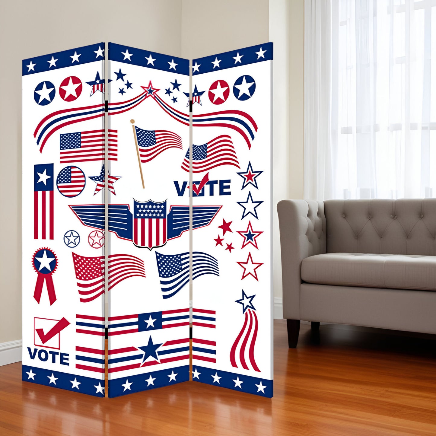 Blue and White Canvas Folding Three Panel Screen Room Divider By Homeroots | Room Dividers | Modishstore - 1