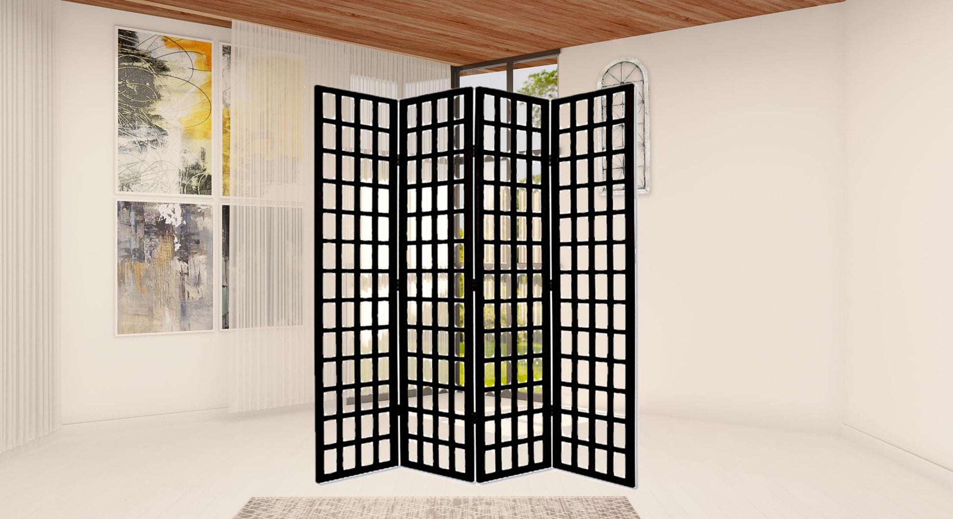 Black And White Folding Four Panel Screen Room Divider By Homeroots | Room Dividers | Modishstore - 5