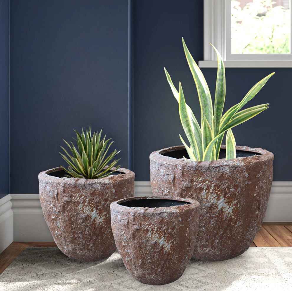 Set of Three Brown Stone Indoor Outdoor Round Pot Planter By Homeroots | Outdoor Planters, Troughs & Cachepots | Modishstore - 4