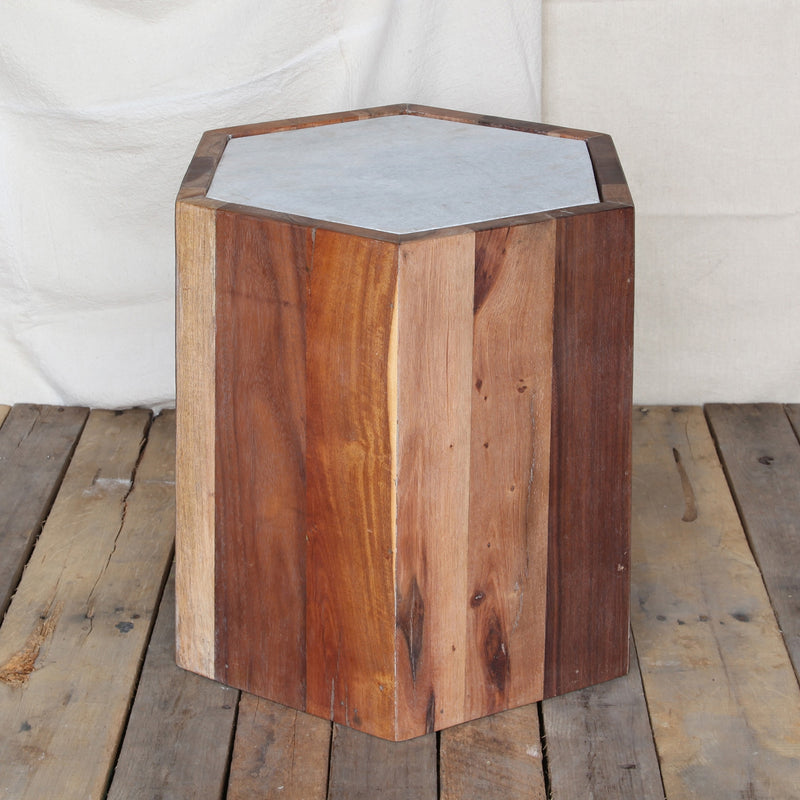 Reclaimed Wood Hexagon Table with Marble Top By HomArt | Side Tables | Modishstore - 1