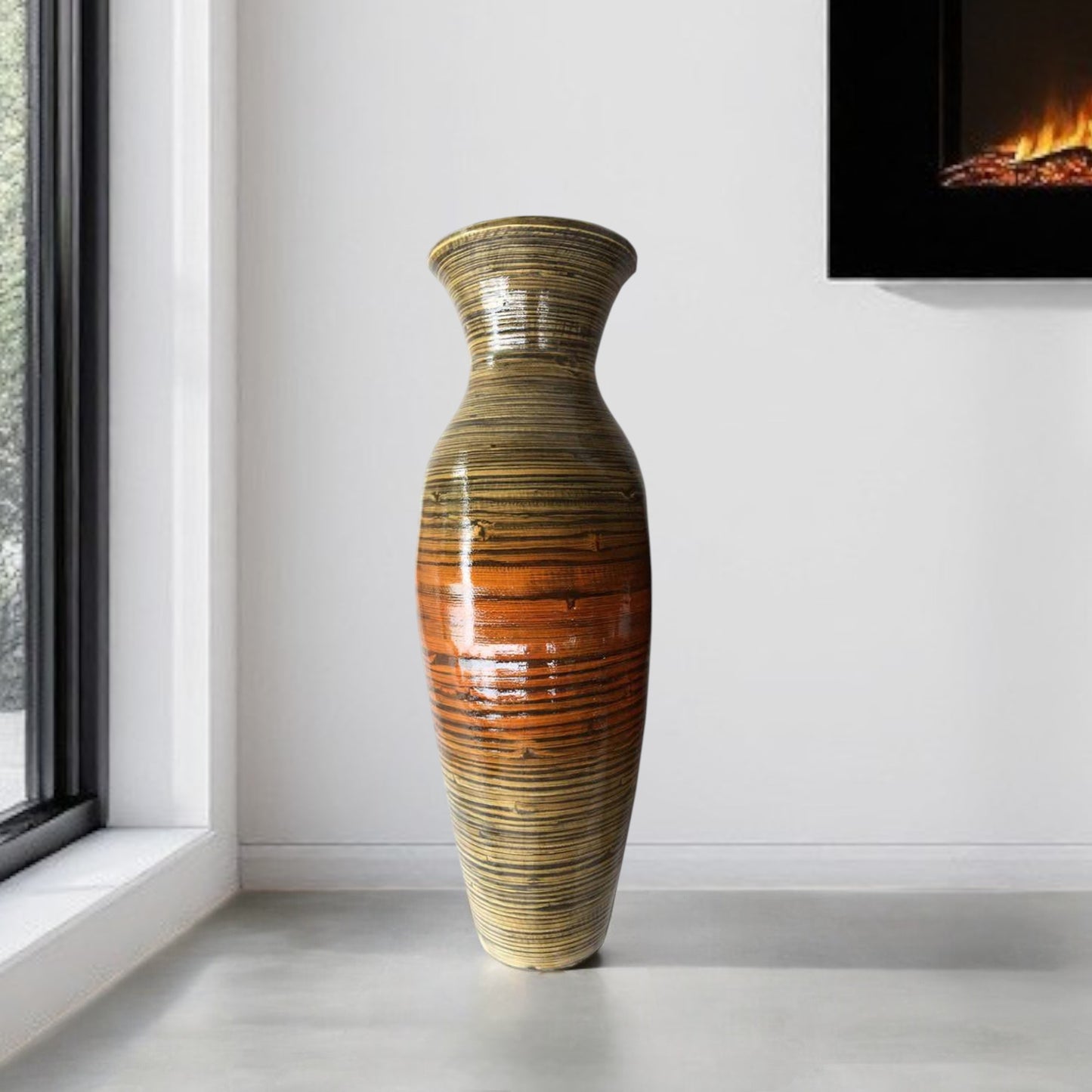 Gold and Brown Striped Urn Bamboo Floor Vase By Homeroots | Vases | Modishstore - 1