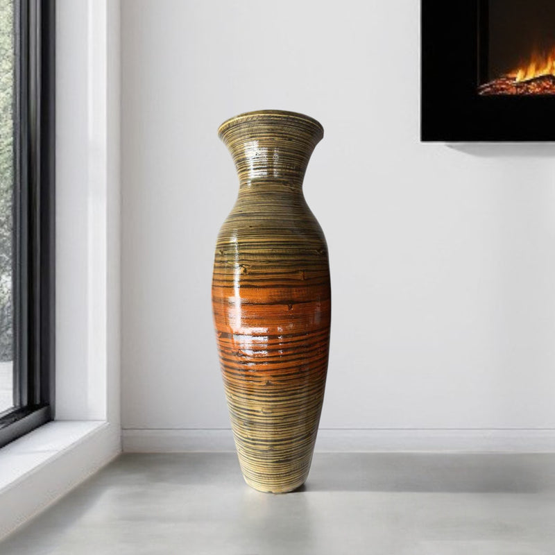 Gold and Brown Striped Urn Bamboo Floor Vase By Homeroots | Vases | Modishstore - 1