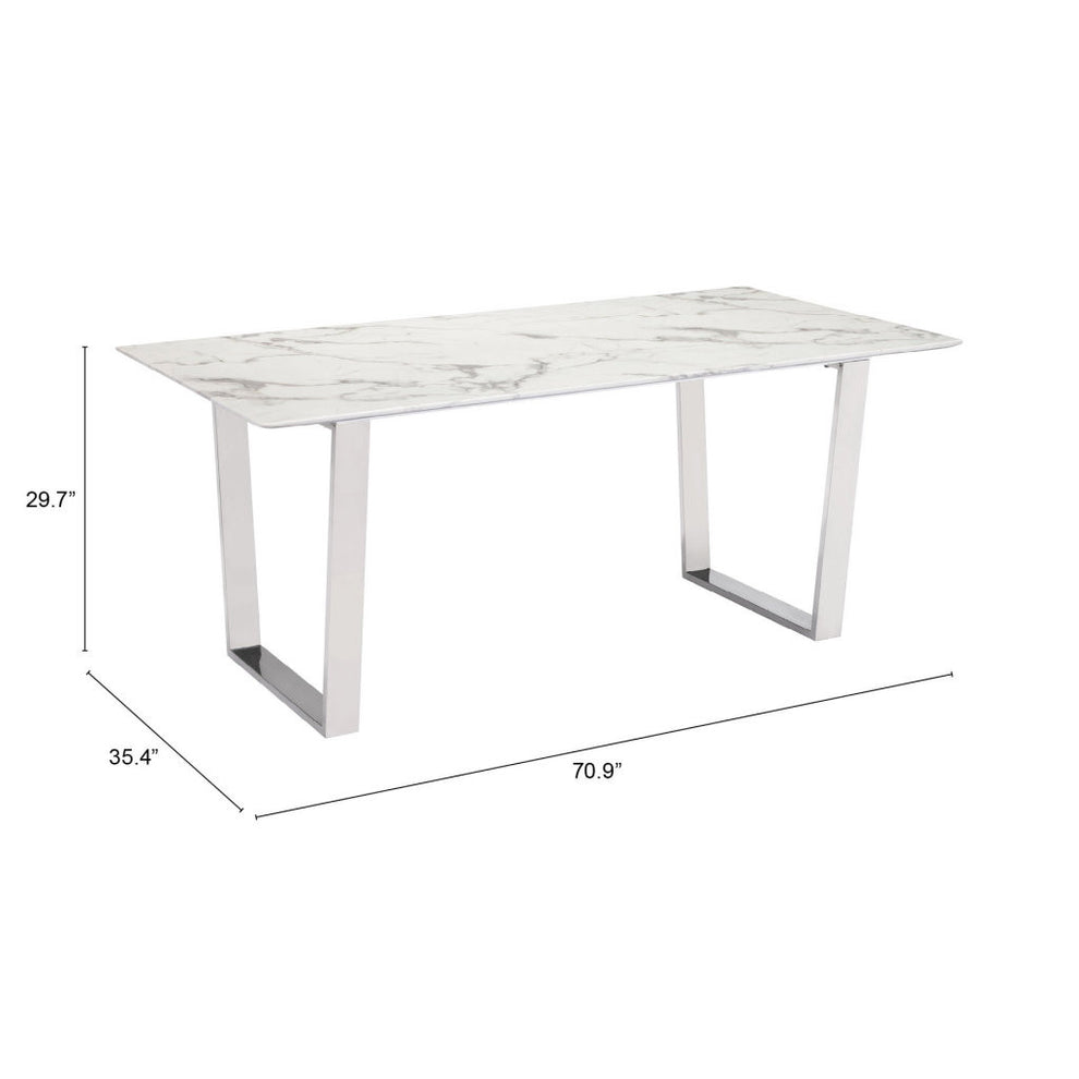White And Silver Marble And Steel Sled Base Dining Table By Homeroots | Dining Tables | Modishstore - 6