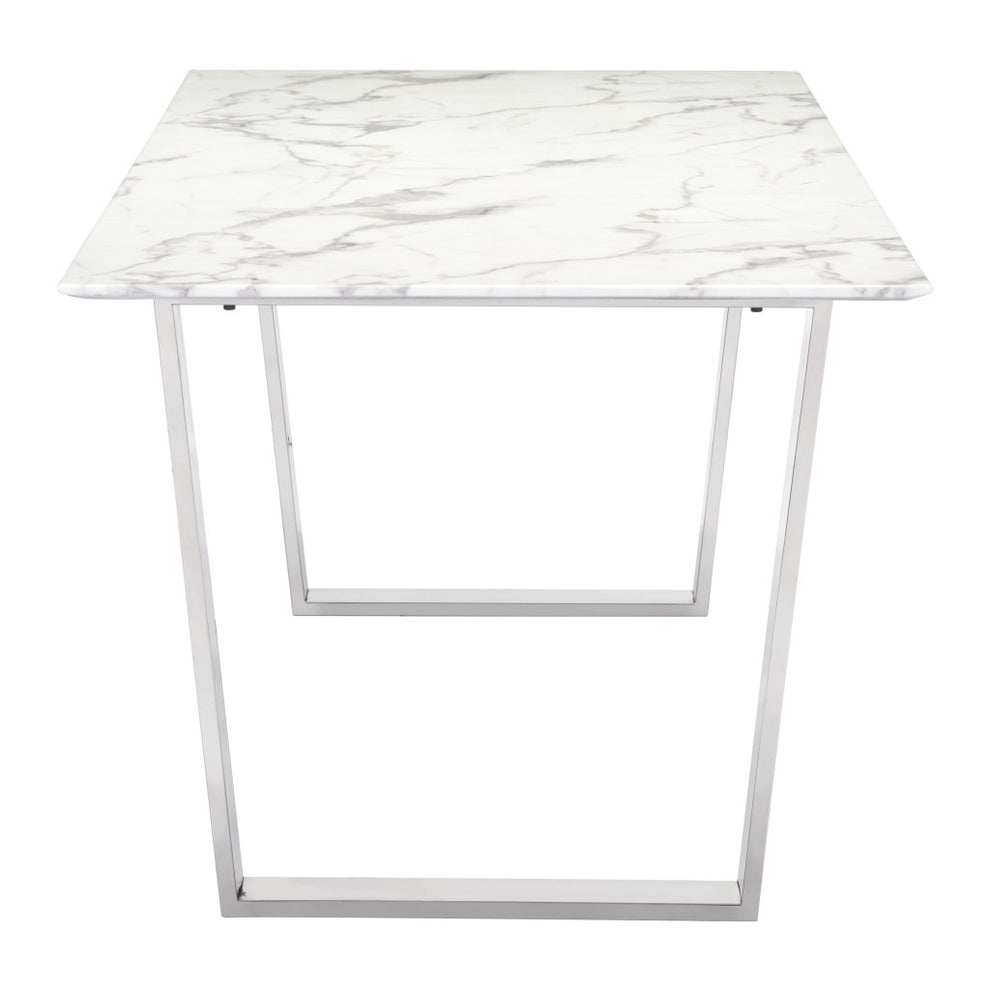 White And Silver Marble And Steel Sled Base Dining Table By Homeroots | Dining Tables | Modishstore - 4