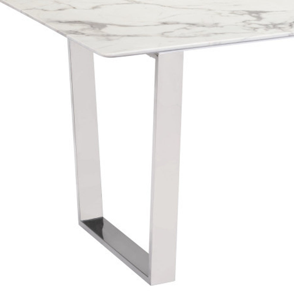 White And Silver Marble And Steel Sled Base Dining Table By Homeroots | Dining Tables | Modishstore - 5