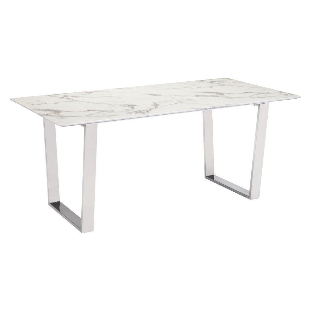 White And Silver Marble And Steel Sled Base Dining Table By Homeroots | Dining Tables | Modishstore - 2