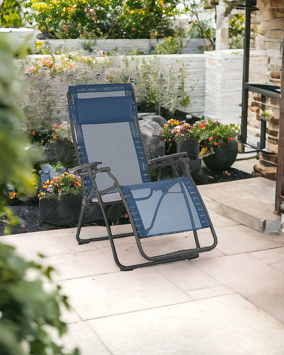 Blue Metal Outdoor Zero Gravity Chair with Blue Cushion By Homeroots | Outdoor Chairs | Modishstore - 2