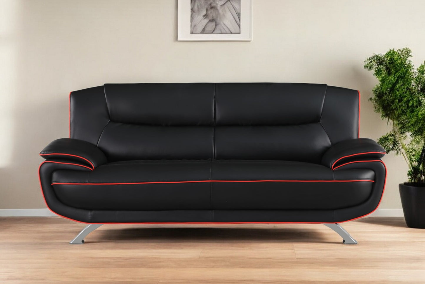 Black Leather Sofa With Silver Legs By Homeroots | Sofas | Modishstore - 1
