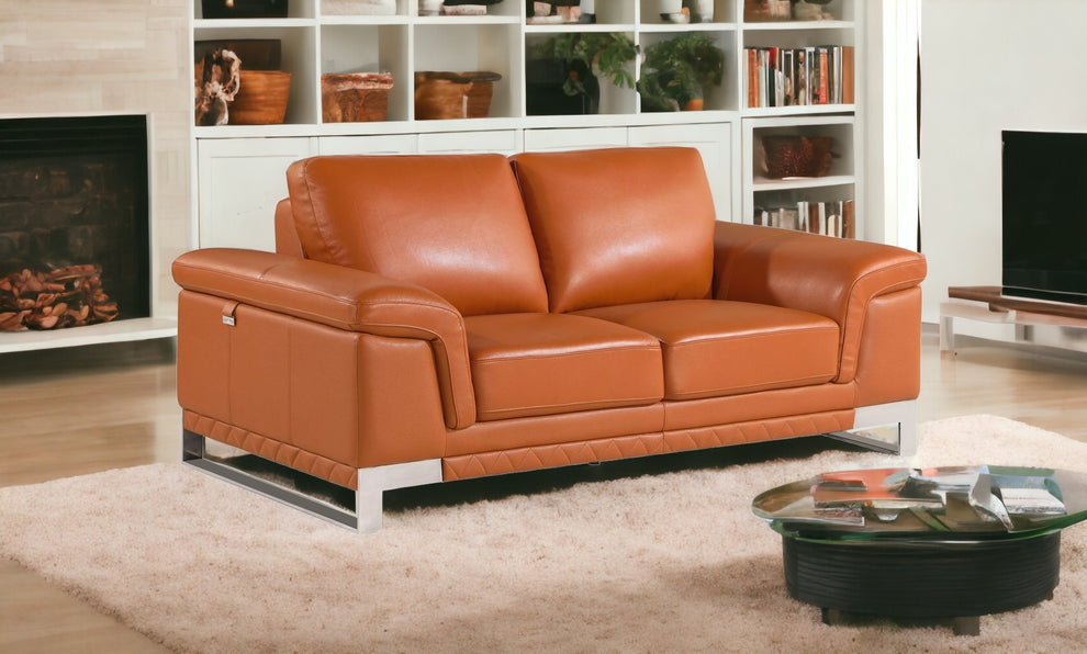 Camel And Silver Genuine Leather Loveseat By Homeroots | Loveseats | Modishstore - 2