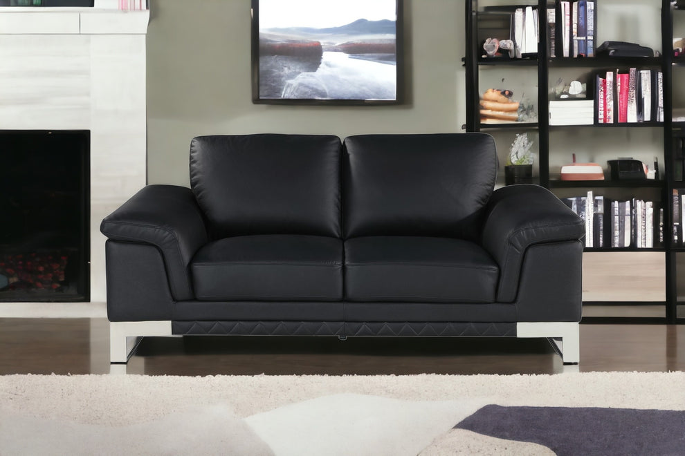Black And Silver Genuine Leather Love Seat By Homeroots | Loveseats | Modishstore - 2