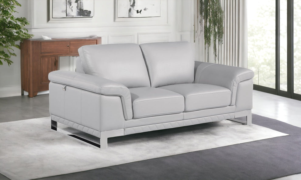 Light Gray And Silver Genuine Leather Loveseat By Homeroots | Loveseats | Modishstore - 3